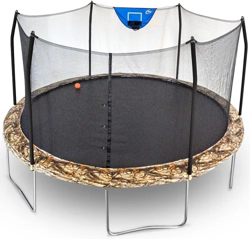 Vista 13 de Skywalker Trampolines Cama elástica al aire libre de 8 pies, 12 pies, 15 pies Jump N’ Dunk redonda con red, colchón de trampoline y aro de Azul