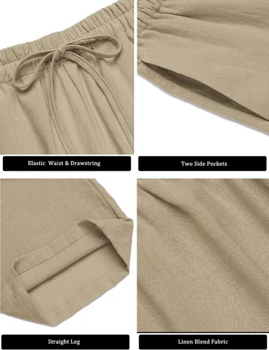 Vista 5 de COOFANDY Pantalones de lino de verano para hombre, ligeros, casuales, con cintura elástica, con cordón