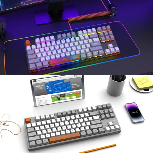 Vista 8 de A.JAZZ AK873 Teclado mecánico TKL con cable de 87 teclas para juegos con retroiluminación arco iris, interruptor azul táctil táctil NKRO, cable
