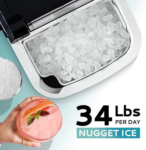 Vista 2 de EUHOMY, Fabricador de hielo para encimera con asa, listo en 6 minutos, 34 libras por día, cubierta superior extraíble, autolimpiante, máquina
