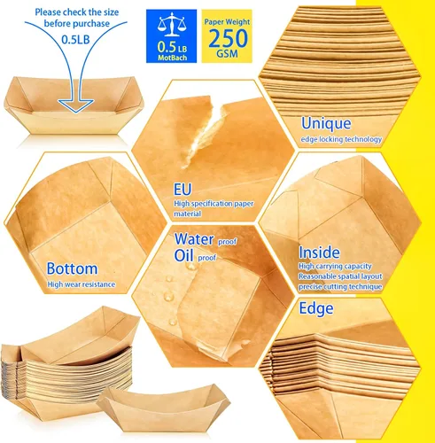 Vista 3 de paquete de 80 unidades de bandejas de papel para barco de comida de 0.5 libras, bandejas desechables de papel pequeñas, recipientes de 0.5 libras