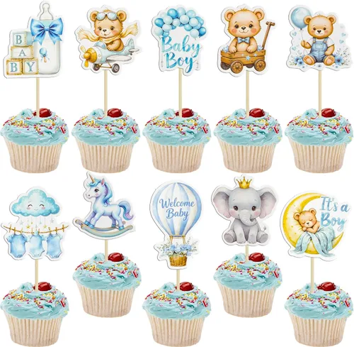 Vista 11 de Gyufise 32 Piezas Decoraciones para Cupcakes de Oso de Baby Shower Luna Oso Bebé Decoraciones de Pastel de Baby Shower Tema de Animales de la Selva