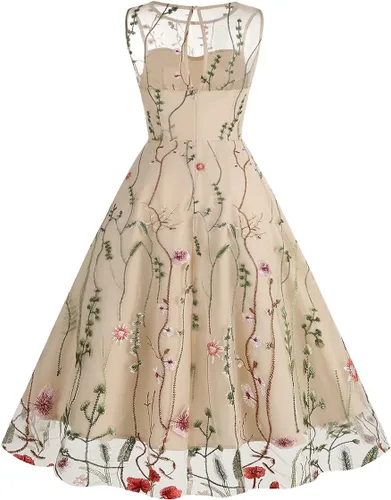 Vista 3 de Vestido de noche de tul con bordado floral para mujer, diseño de ilusión de malla transparente, vintage, cóctel, vestido de fiesta de boda, fiesta