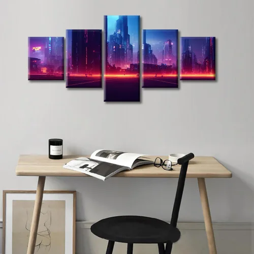Vista 184 de Cuadros de 5 paneles de Cyberpunk City, arte de pared, representación de vallas publicitarias, edificios modernos en la capital con obras de arte