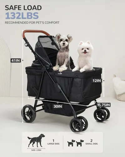 Vista 3 de Cochecito para perros grandes y medianos (20 a 132 libras), cochecito para mascotas para 2 perros pequeños, extra grande, resistente, plegable