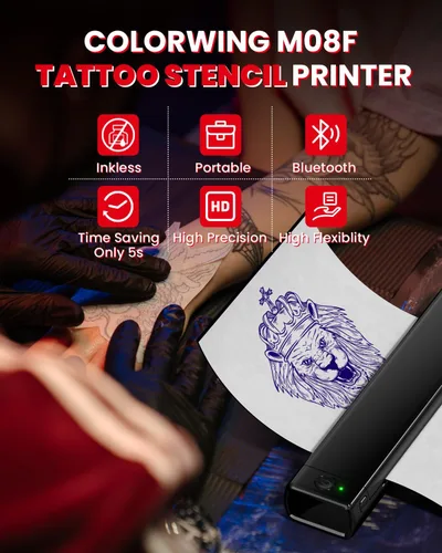 Vista 3 de COLORWING M08F - Impresora inalámbrica portátil de plantillas de tatuajes, máquina térmica sin tinta Bluetooth para plantillas de tatuajes con 10