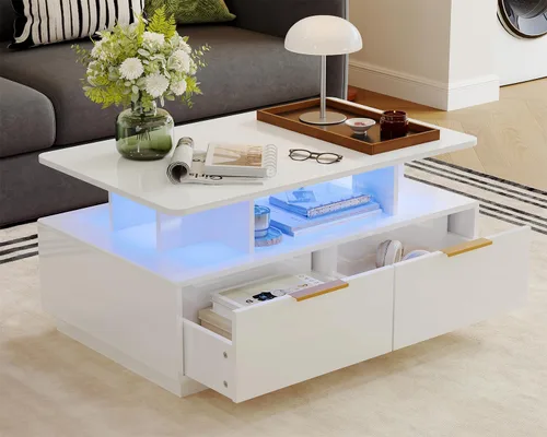 Vista 9 de Garvee Mesa auxiliar LED con almacenamiento, mesas centrales de alto brillo de 35 pulgadas con 4 cajones y estante abierto, mesa de sofá rectangular