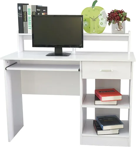 Vista 3 de Escritorio para computadora con estante con cajón, bandeja extraíble para teclado, escritorio de oficina en casa de almacenamiento grande de 43