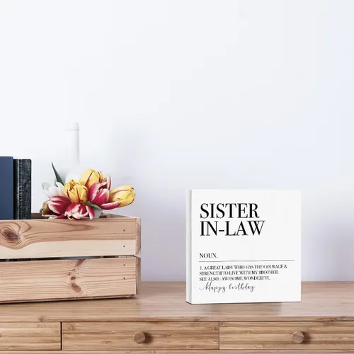 Vista 4 de Letrero decorativo de madera con texto en inglés "Sister in Law Definition" para cuñada, regalos de cumpleaños, decoración rústica de escritorio