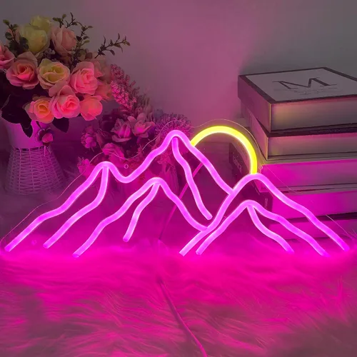Vista 6 de Letrero de neón con diseño de montañas y puesta de sol, luces LED personalizadas, decoración de pared para el hogar, dormitorio, sala