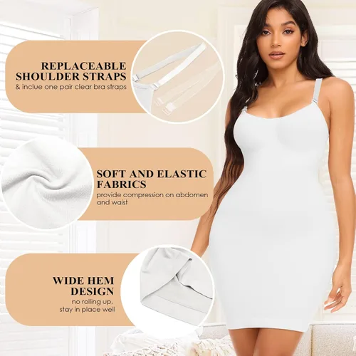 Vista 4 de HMQ Faja moldeadora para debajo de los vestidos, control de abdomen, vestido completo sin costuras, moldeador de cuerpo, tirantes delgados, vestido