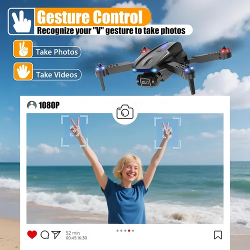 Vista 3 de X-shop Drone con cámara 1080P para niños y adultos, cuadricóptero RC plegable con despegue/aterrizaje con una tecla, selfie por gesto, volteretas