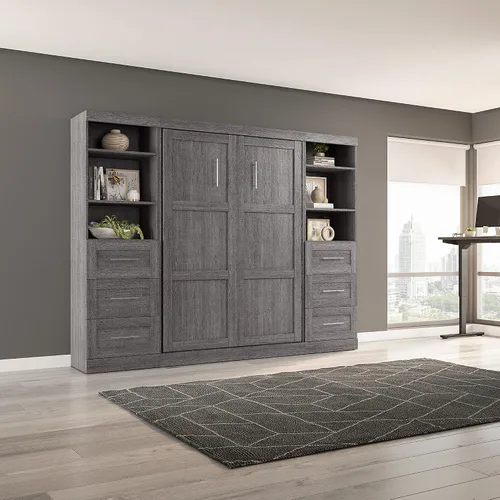 Vista 4 de BESTAR Pur - Cama Murphy completa y 2 estanterías con cajones, cama de pared que ahorra espacio de 109 pulgadas
