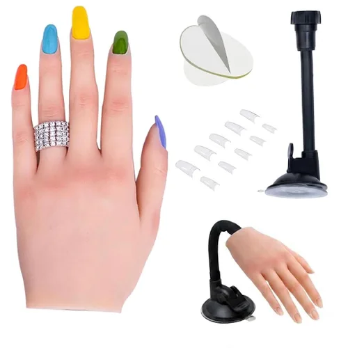 Vista 8 de Mano de práctica de uñas de silicona para uñas acrílicas, manos de maniquí profesional para práctica de uñas con soporte ajustable, mano falsa