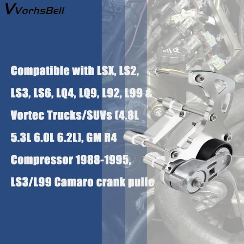Vista 5 de Kit de Soporte de Compresor AC R4 de Intercambio LS con Tensor Compatible con LSX, LS2 LS3 LS6 LQ4 LQ9 L92 L99 Camiones/SUV Vortec GM R4 Compresor