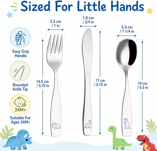 Vista 3 de Exzact Cubiertos para niños, 18 piezas, utensilios para niños pequeños, 6 tenedores, 6 cuchillos, 6 cucharas, aptos para lavavajillas, 2 años