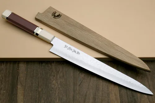 Vista 2 de Yoshihiro VG10 46 Capas Damasco Martillado Sujihiki Cuchillo Rebanador Japonés (9.5" (240mm) Mango de Palisandro) Mango de palisandro con cojín