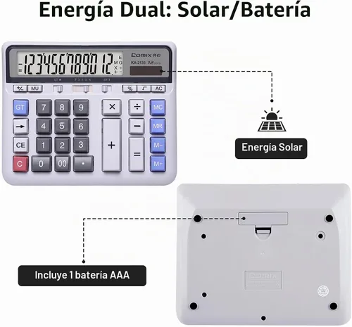 Vista 6 de Comix Calculadora de Escritorio Solar con Batería de Doble Alimentación con Pantalla LCD Grande de 12 Dígitos y Teclas de Computadora Grandes