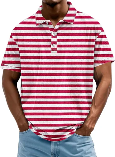 Vista 15 de Camisa polo de manga corta para hombre, camiseta de golf a rayas, de manga corta, para vacaciones, casual, cuello en V, camiseta de verano
