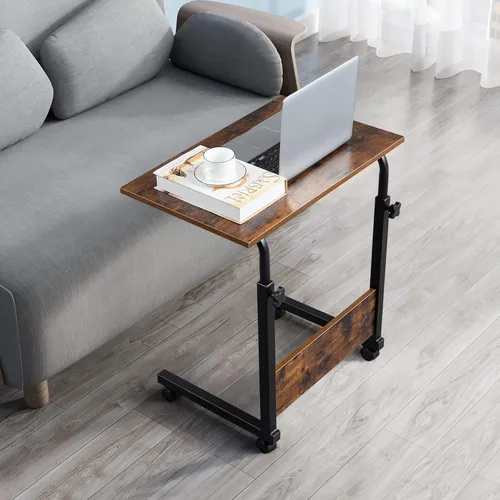 Vista 2 de HomVent Mesa de TV ajustable con ruedas, mesa lateral para aperitivos con ruedas, mesa portátil en forma de C, mesa de mesa móvil de madera