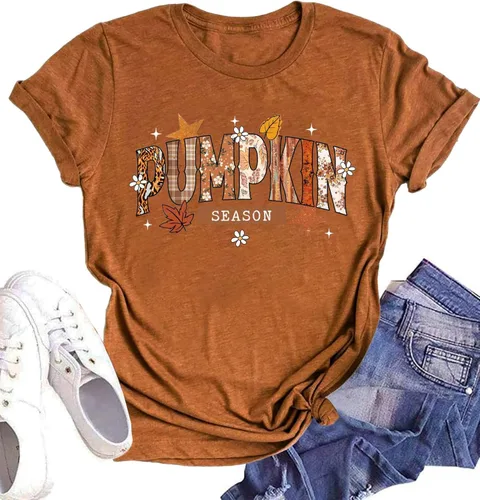 Vista 6 de Woffccrd - Camisetas divertidas con estampado de calabaza y leopardo para mujer, camisetas gráficas de manga corta de Halloween para mujer
