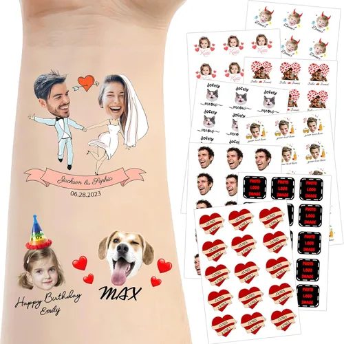 Vista 19 de Tatuajes temporales personalizados para la cara, tatuajes faciales personalizados con nombre de foto, logotipo, texto, calcomanía de tatuaje falsa