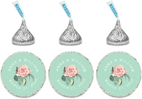 Vista 12 de Andaz Press Etiquetas personalizadas de gota de chocolate para boda, nombres y fecha redondos, turquesa aguamarina, paquete de 240, personalizadas