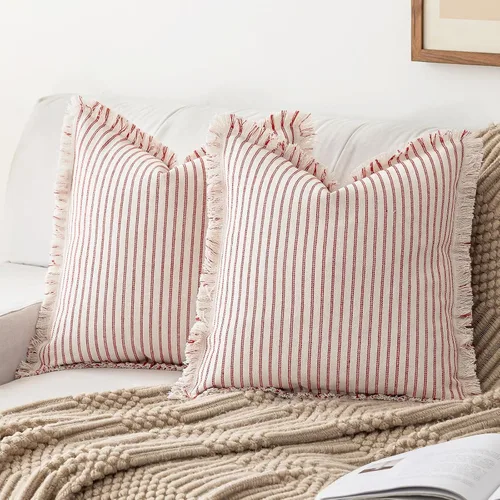 Vista 9 de YEENAASY Fundas de Almohada Decorativas 16x16 Juego de 2 Fundas de Almohada a Rayas con Flecos Estilo Granja Fundas de Cojín con Borlas Almohadas
