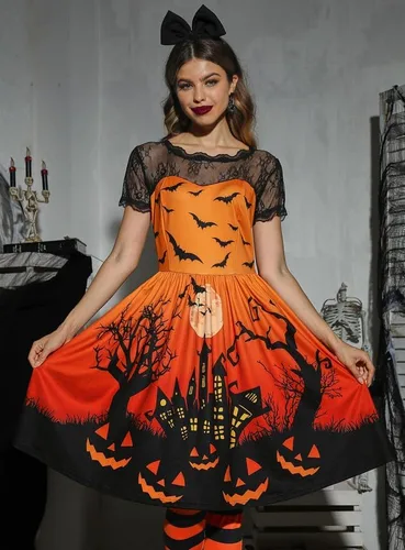 Vista 2 de Spadehill Vestido de encaje de manga corta para mujer, disfraz de Halloween
