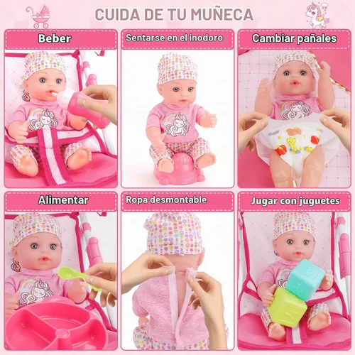 Vista 6 de deAO Juego de Cochecito de Muñeca Bebé con Muñecas Bebé de 12" Juego de Guardería de 17 PIEZAS Accesorios para Muñecas Bebé con Tapete de Juego
