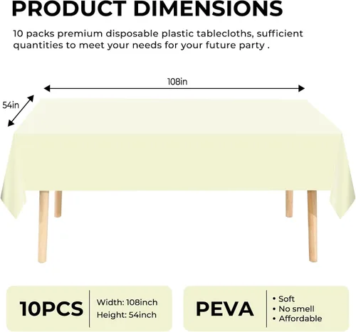 Vista 2 de Paquete de 10 manteles desechables de plástico premium de 54 x 108 pulgadas, mantel rectangular para mesa, para cumpleaños, bodas, Navidad, Beige