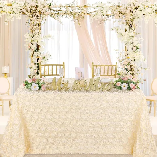 Vista 14 de QueenDream Mantel de roseta dorada de 90 x 132 pulgadas, mantel floral rústico para bodas, fiestas de cumpleaños, eventos y decoración
