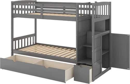 Vista 4 de Harper & Bright Designs - Litera con cama de tamaño individual sobre cama de tamaño matrimonial/individual, con 3 cajones, 4 espacios de Gris