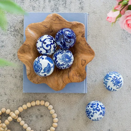 Vista 6 de A&B Home - Orbes decorativos orientales azules y blancos de 3 pulgadas para tazones, jarrones, centro de mesa, decoración de mesa, juego de 6 bolas
