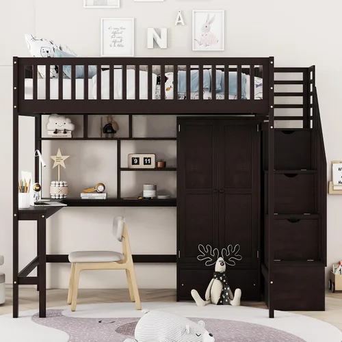 Vista 3 de Harper & Bright Designs Cama tipo loft de tamaño matrimonial con escritorio, marco de cama tipo loft de madera con armario, estantería y cajones