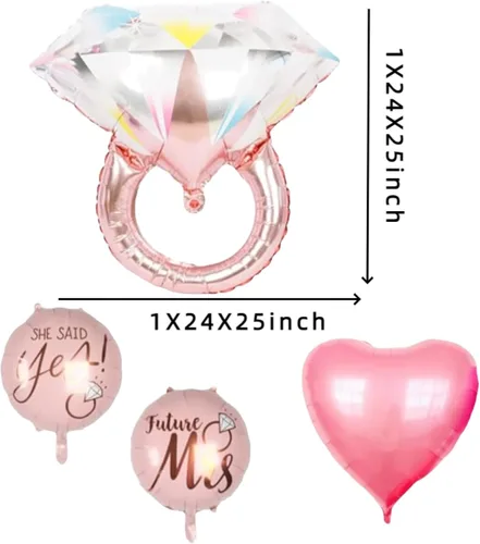 Vista 2 de Juego de 5 globos de papel de aluminio de corazón rosa para el día de San Valentín: anillo de diamantes, «She Said Yes», «Future Mrs», corazones