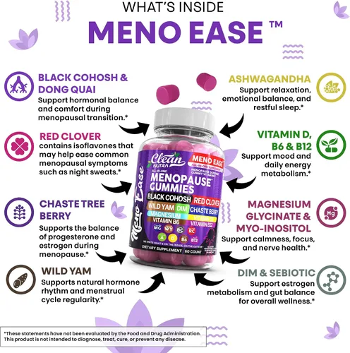 Vista 6 de Suplemento para la menopausia para mujeres en gomitas con cohosh negro, ñame silvestre, DIM, magnesio, trébol rojo, agracejo para el equilibrio