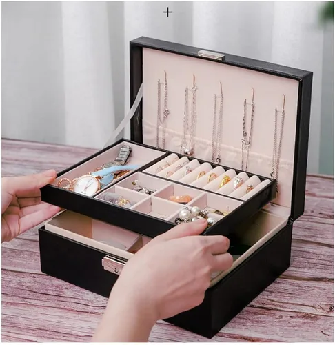 Vista 5 de H-RONG Joyero para mujeres y niñas, de cuero, con 2 capas, organizador grande de joyas con candado, caja de almacenamiento para collares, aretes