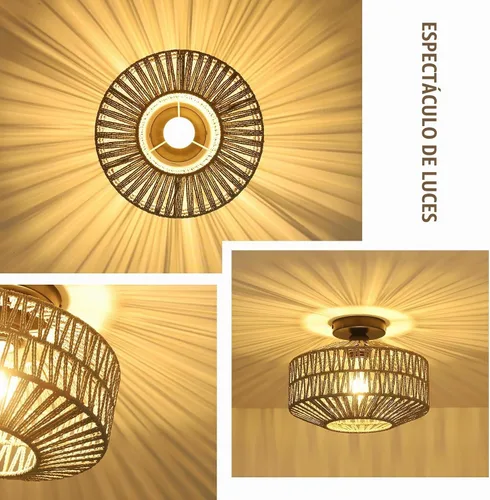 Vista 3 de Lámpara bohemia para techo, lámpara de techo de ratán con bombilla LED regulable, mini lámpara de araña tejida a mano para pasillo, dormitorio Gris