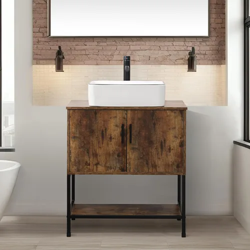 Vista 31 de UEV Juego de tocador de baño antiguo de 24 pulgadas, color marrón oscuro con lavabo, armario de baño de madera de hierro con grifo de temperatura