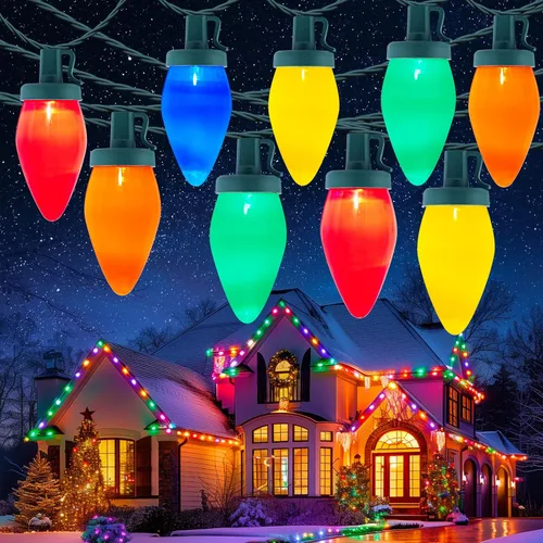 Vista 10 de Luces de Navidad C9 para Exteriores, 100 Pies de Luces de Cadena Impermeables Color Fresa con 100 Bombillas, Luces Impermeables Conectables