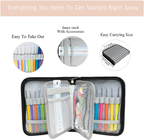 Vista 4 de SHAXANO Kit de Ganchos de Ganchillo con Estuche, 95 Piezas, Agujas de Ganchillo Ergonómicas, Kits de Hilo para Tejer, Herramientas de Arte de Tejido