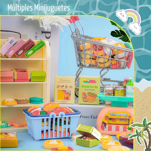 Vista 9 de 196 piezas Mini carrito de compras carrito carrito de comestibles modelo de juego botella de bebida en miniatura comida pizza con caja Supermercado
