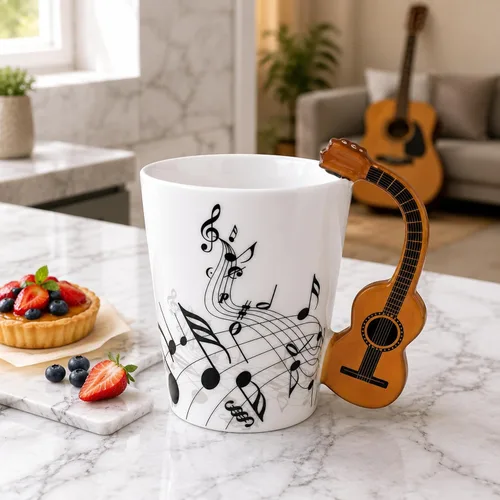 Vista 3 de Taza de guitarra acústica de 13.5 onzas, taza de té y café para guitarristas Mango de guitarra acústica 3D, diseño de personal de música, uso