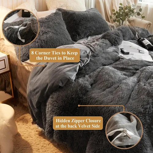 Vista 6 de XeGe juego de funda de edredón de terciopelo de lujo ultrasuave, juego de cama de 2 piezas, 1 funda de edredón de piel sintética y 1 funda de Gris