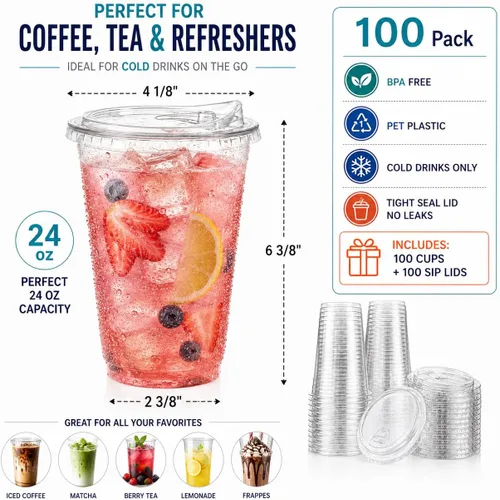 Vista 2 de Oojami 100 Pack 24 oz Clear Plastic Cups with Strawless Sip Lids BPA Free
