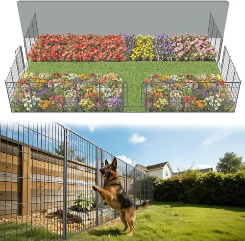 Vista 28 de FXW Valla de jardín al aire libre para el patio, 17 pulgadas de alto x 29.3 pies de largo, barrera de metal resistente para animales, para perros