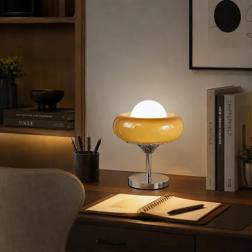 Vista 3 de Lámpara de mesa de cristal naranja quemado con huevo de tarta de huevo, luz de escritorio cromada con pantalla de globo, accesorio de iluminación