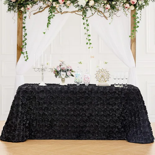 Vista 4 de B-COOL Mantel de rosetón negro de 60 x 102 pulgadas, mantel rectangular floral 3D para decoración de cumpleaños al aire libre, fiestas de cumpleaños
