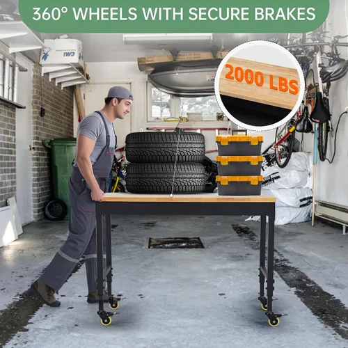 Vista 5 de Work Bench for Garage, 48" Adjustable Workbench with Power Outlets, Wheels, 2000 LBS Load Capacity, Heavy Duty Rubber Wood Top for Garage